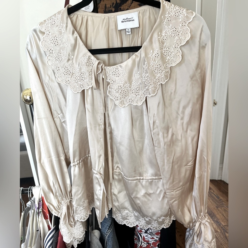 Reformation Cream Lace-Trimmed Blouse